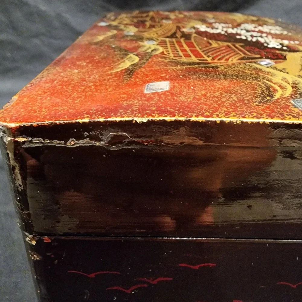 Vintage Japanese Black Lacquered Music Jewelry Box Mother Of Pearl Painted Works